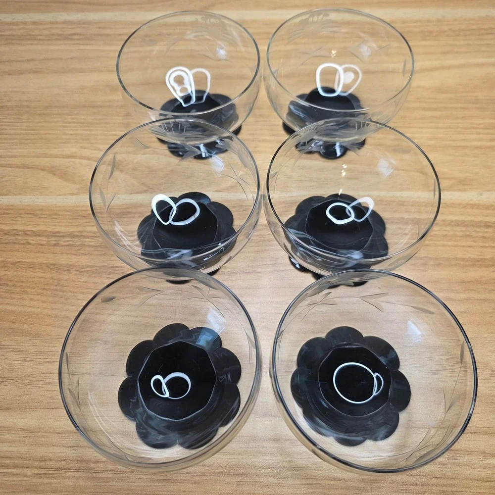 Rare 6 Weston Black Lily Pad Foot Base Champagne Sherbet Glasses Etched Floral